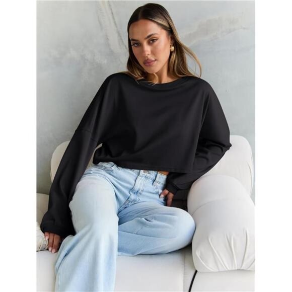 Womens Cropped Sweatshirt Long Sleeve Crewneck Oversized Fall Winter Tops 2025 - Picture 5 of 6